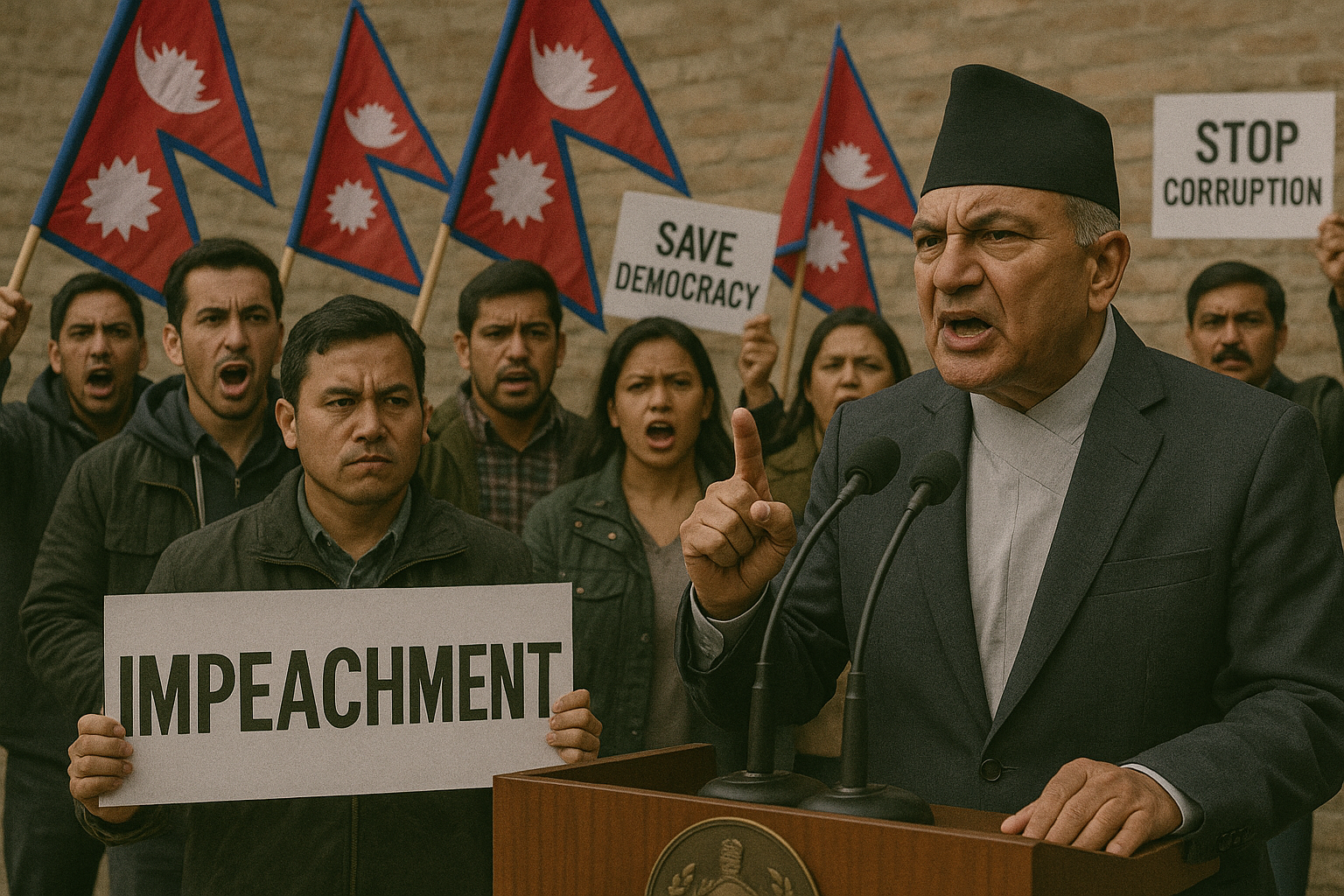 Politician on podium while people surrounding rasing voice against him
